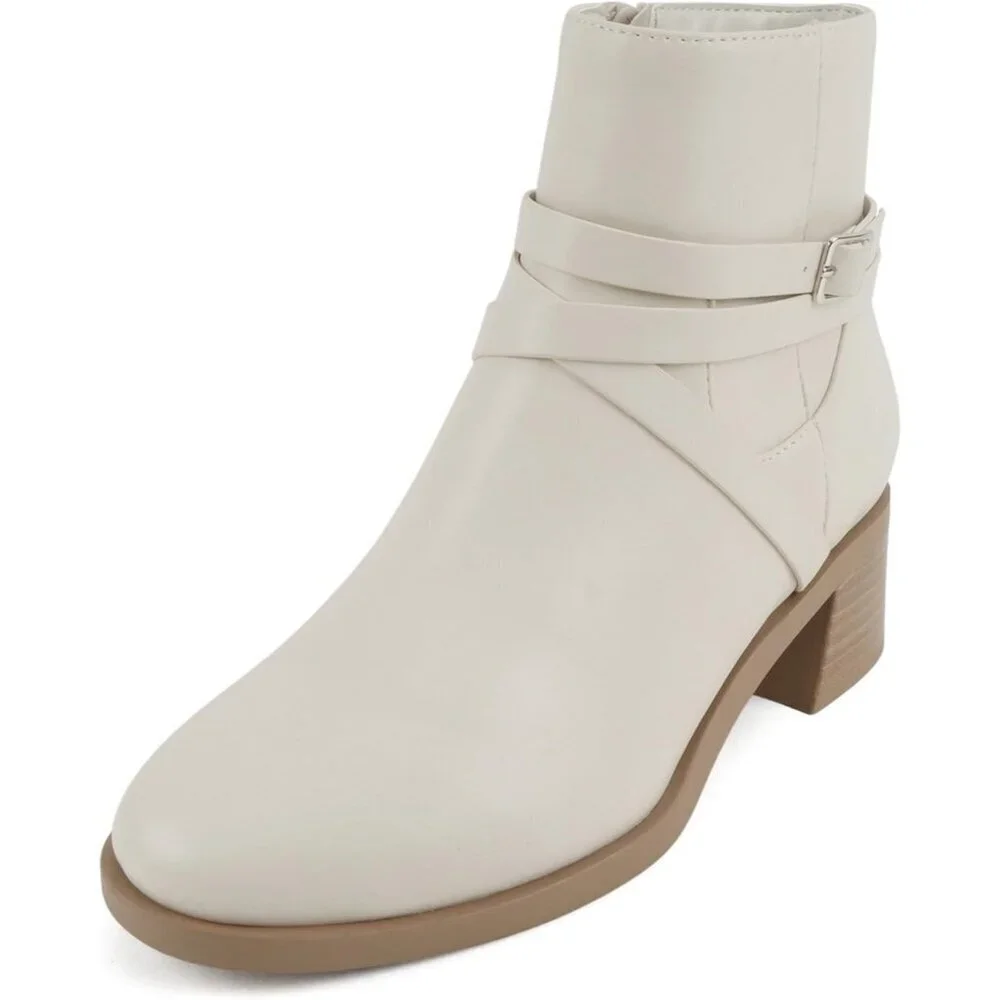 Women's White PU Leather Round Toe Low Block Heel Ankle Boot with Side Zipper - Picture 2 of 6